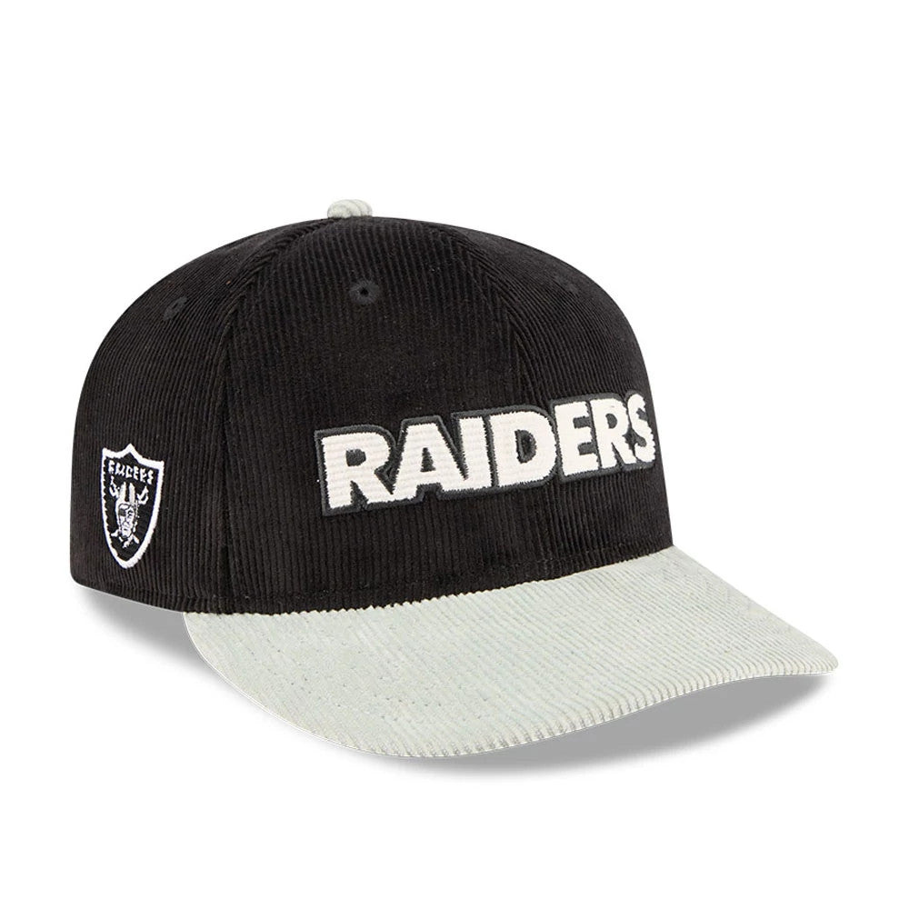 Las Vegas Raiders NFL 2 Tone Cord Black & Grey New Era 9FIFTY Snapback Adjustable Cap, three-quarter view showing the white raised RAIDERS embroidery on the black front panel, with a matching embroidered team logo on the left side.