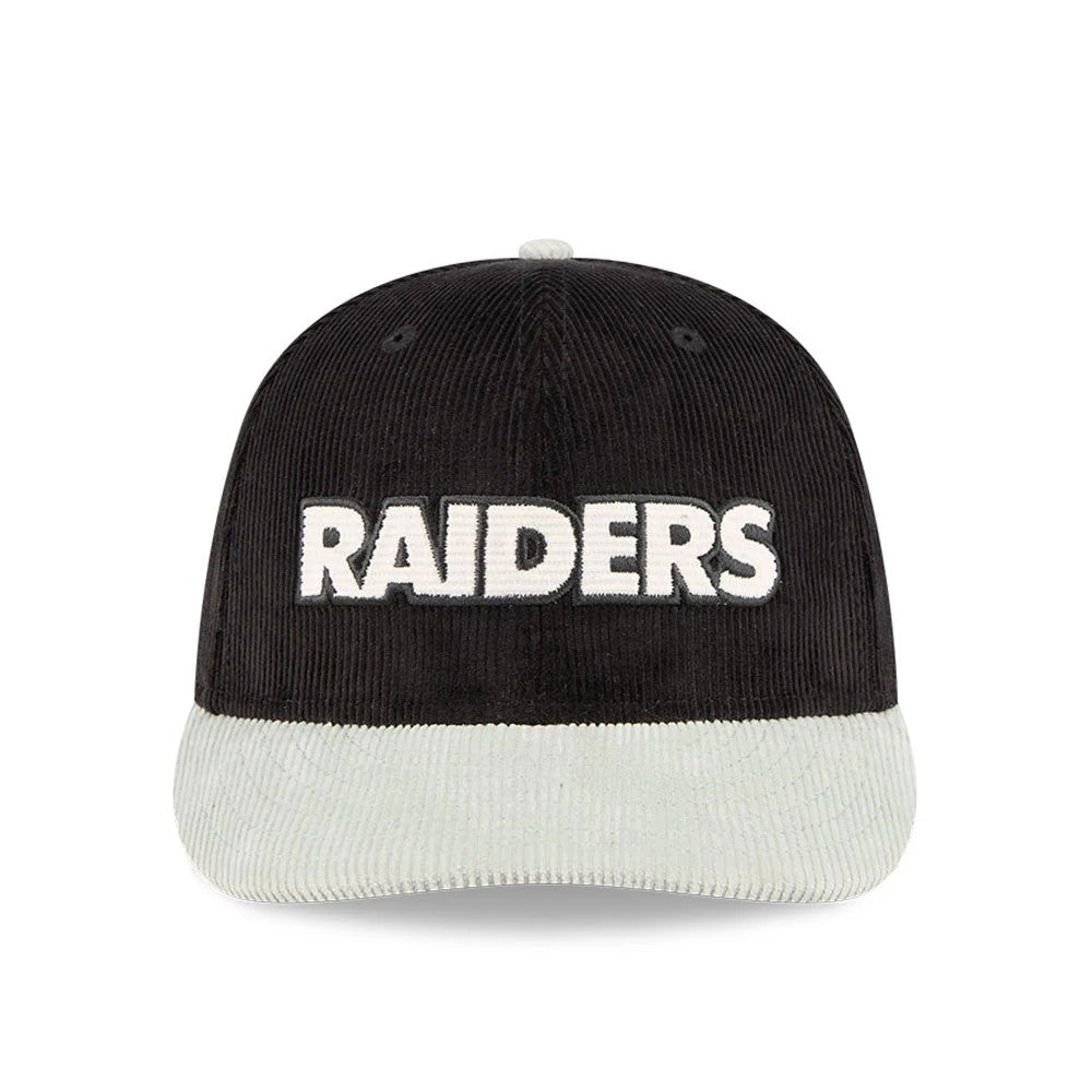 Las Vegas Raiders NFL 2 Tone Cord Black & Grey New Era 9FIFTY Snapback Adjustable Cap, front view showing the white embroidered RAIDERS text on the structured black cord crown, complemented by a contrasting grey cord visor.