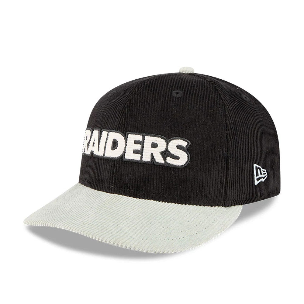 Las Vegas Raiders NFL 2 Tone Cord Black & Grey New Era 9FIFTY Snapback Adjustable Cap, three-quarter view showing raised white RAIDERS lettering on the black corduroy crown, grey corduroy flat visor.