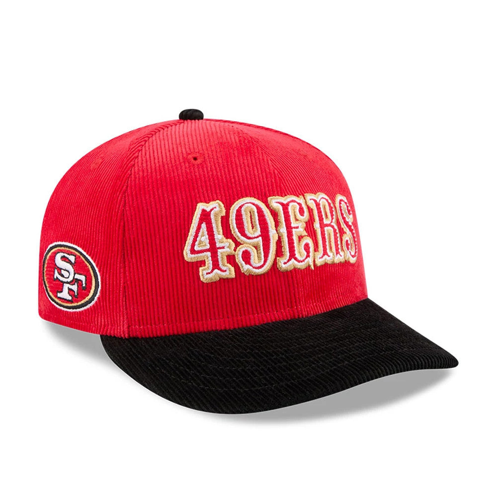 San Francisco 49ers NFL 2 Tone Cord Red & Black New Era 9FIFTY Snapback Adjustable Cap, three-quarter view showing raised gold and white 49ERS embroidery on the red corduroy crown, black corduroy flat visor and SF logo on the left side.