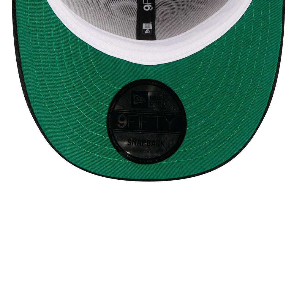 San Francisco 49ers NFL 2 Tone Cord Red & Black New Era 9FIFTY Snapback Adjustable Cap, inside view showing the green undervisor with a black 9FIFTY size sticker, white sweatband, and black taping along the interior seams.
