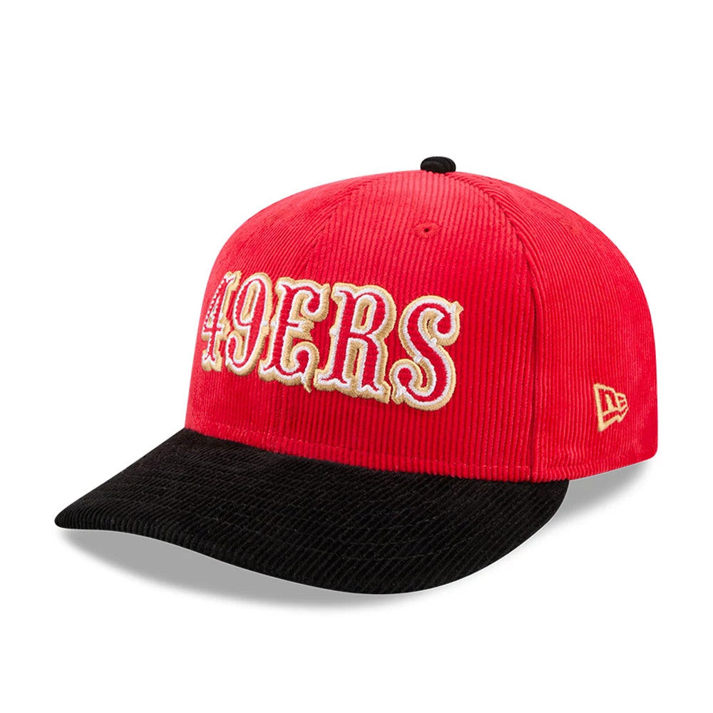 San Francisco 49ers NFL 2 Tone Cord Red & Black New Era 9FIFTY Snapback Adjustable Cap, front view showing the raised embroidered 49ERS text in gold and white on the red corduroy crown, with a contrasting black corduroy visor.