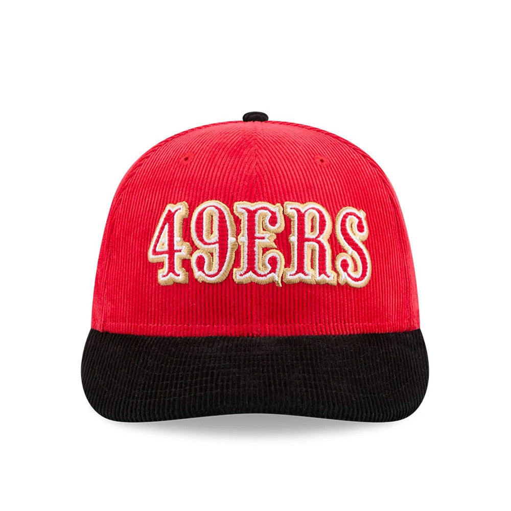 San Francisco 49ers NFL 2 Tone Cord Red & Black New Era 9FIFTY Snapback Adjustable Cap, front view showing 49ERS in large gold raised embroidery on the red cord crown, with a contrasting black cord visor and a top button.