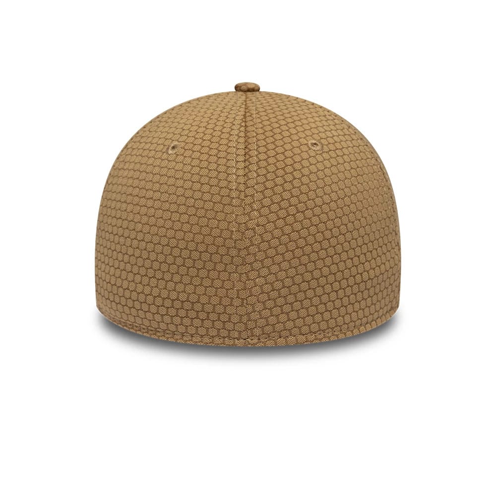 LA Dodgers MLB Tech Dark Beige New Era 39THIRTY Stretch Fit Cap, rear view showing the hexagonal textured pattern covering the entire structured crown, with a top button and matching beige eyelets adding detail.