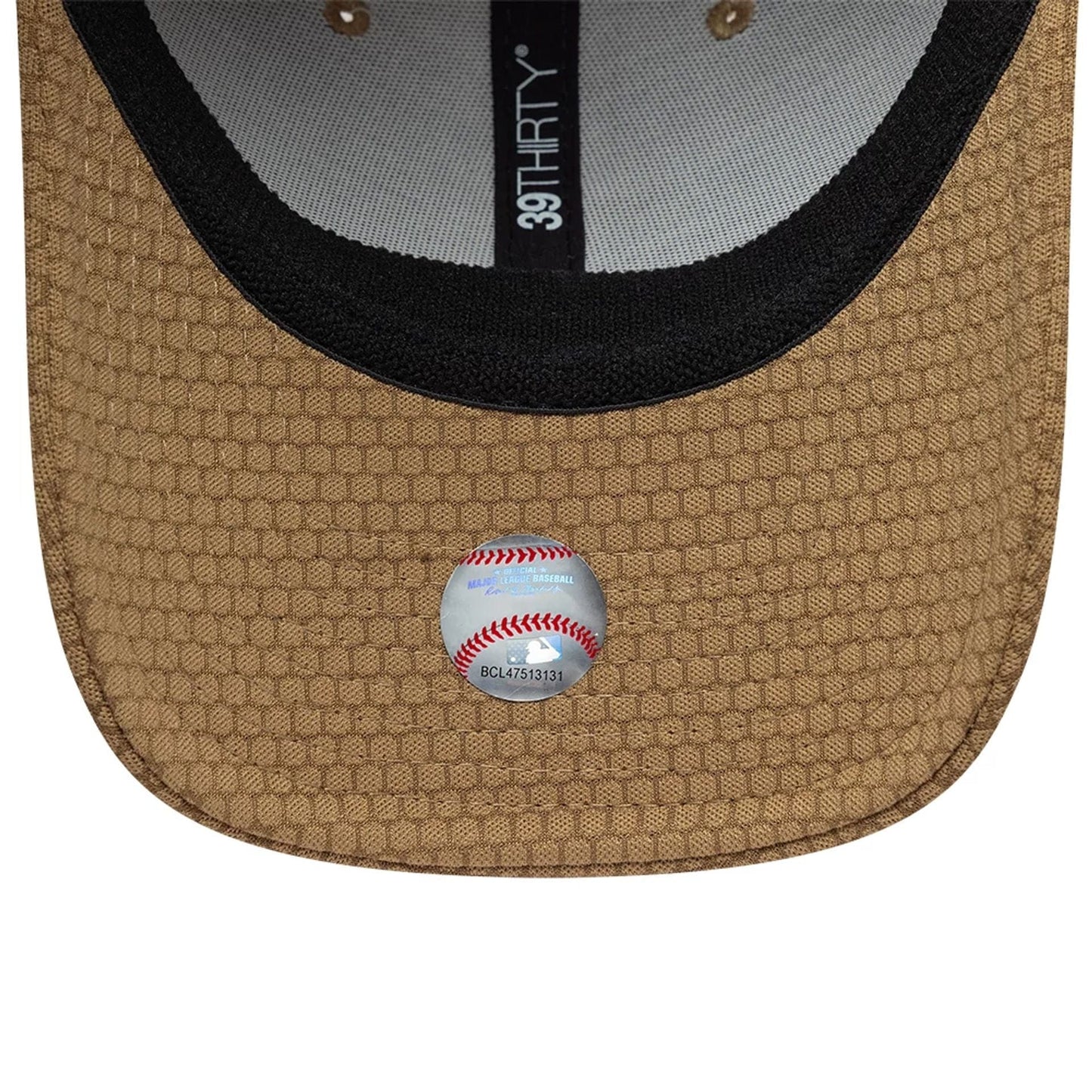 LA Dodgers MLB Tech Dark Beige New Era 39THIRTY Stretch Fit Cap, inside view showing black sweatband, dark beige honeycomb-patterned undervisor with an MLB sticker, and the 39THIRTY taping running across the inner cap.