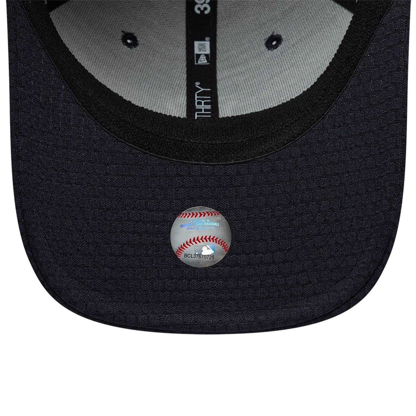New York Yankees MLB Tech Navy New Era 39THIRTY Stretch Fit Cap, inside view showing the black sweatband and grey undervisor with black taping featuring the 39THIRTY branding, alongside a baseball-shaped sticker on the visor.