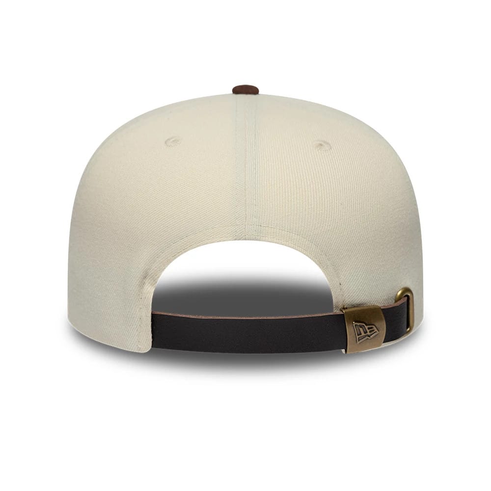 Boston Red Sox MLB Suede Visor Cream New Era 9FIFTY A-Frame Adjustable Cap, rear view showing a structured cream crown, a brass buckle fastening on the dark adjustable strap, and two vented eyelets on the back panels.