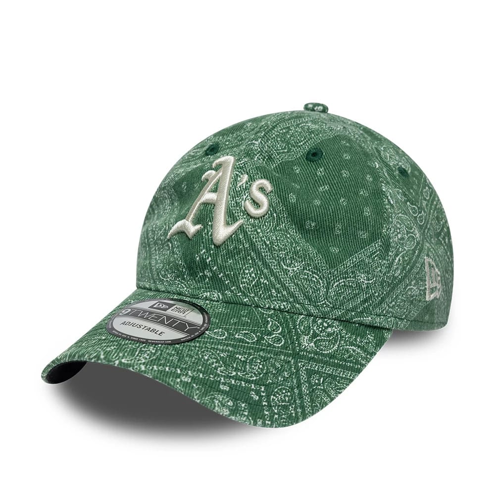 Pictured is this MLB Washed Paisley Athletics 9TWENTY cap in dark green. 1