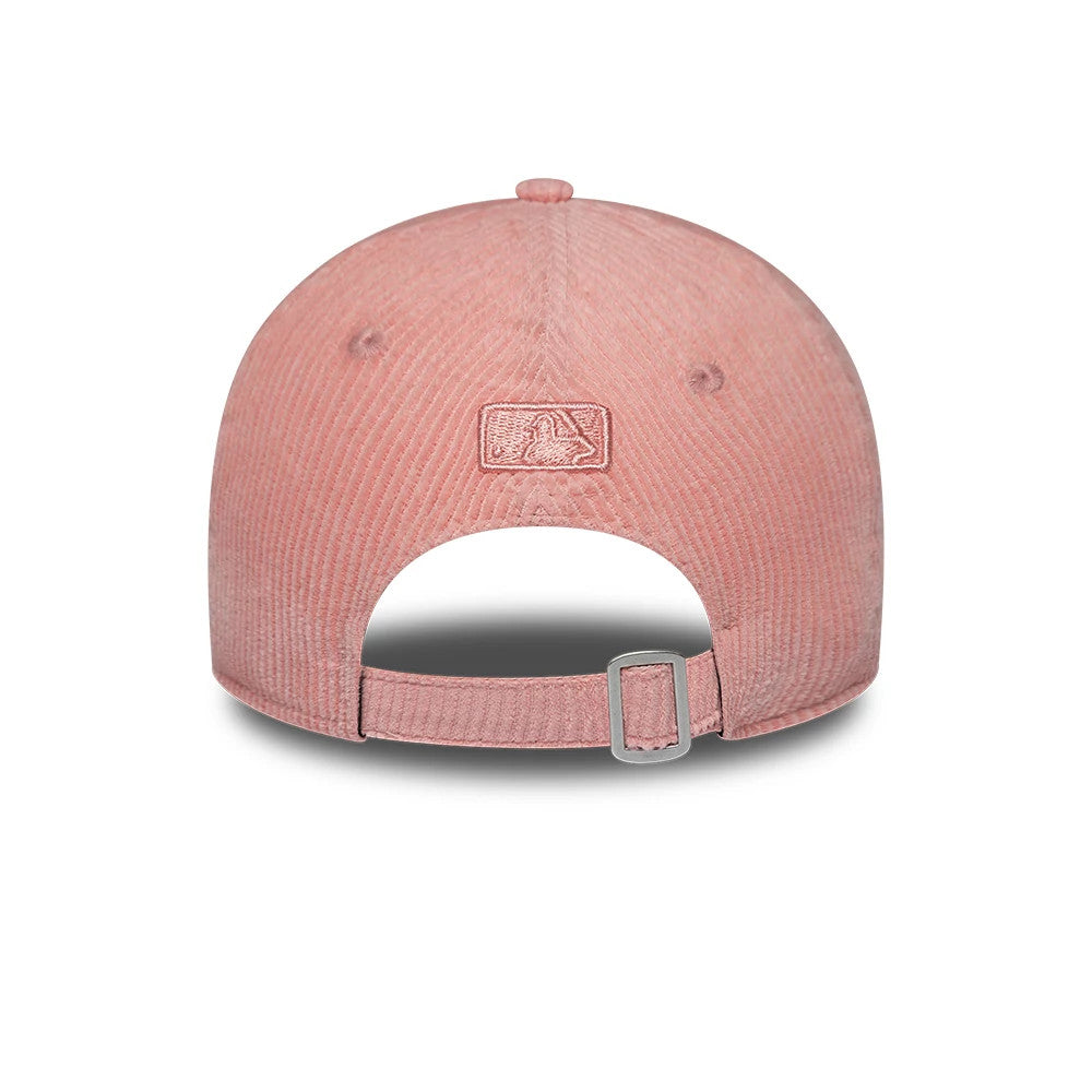 New York Yankees Womens MLB Pastel Cord Pink New Era 9FORTY M-Crown Adjustable Cap, rear view showing the pastel pink embroidered MLB Batterman logo centred on the back, with a silver adjustable buckle and textured corduroy fabric.