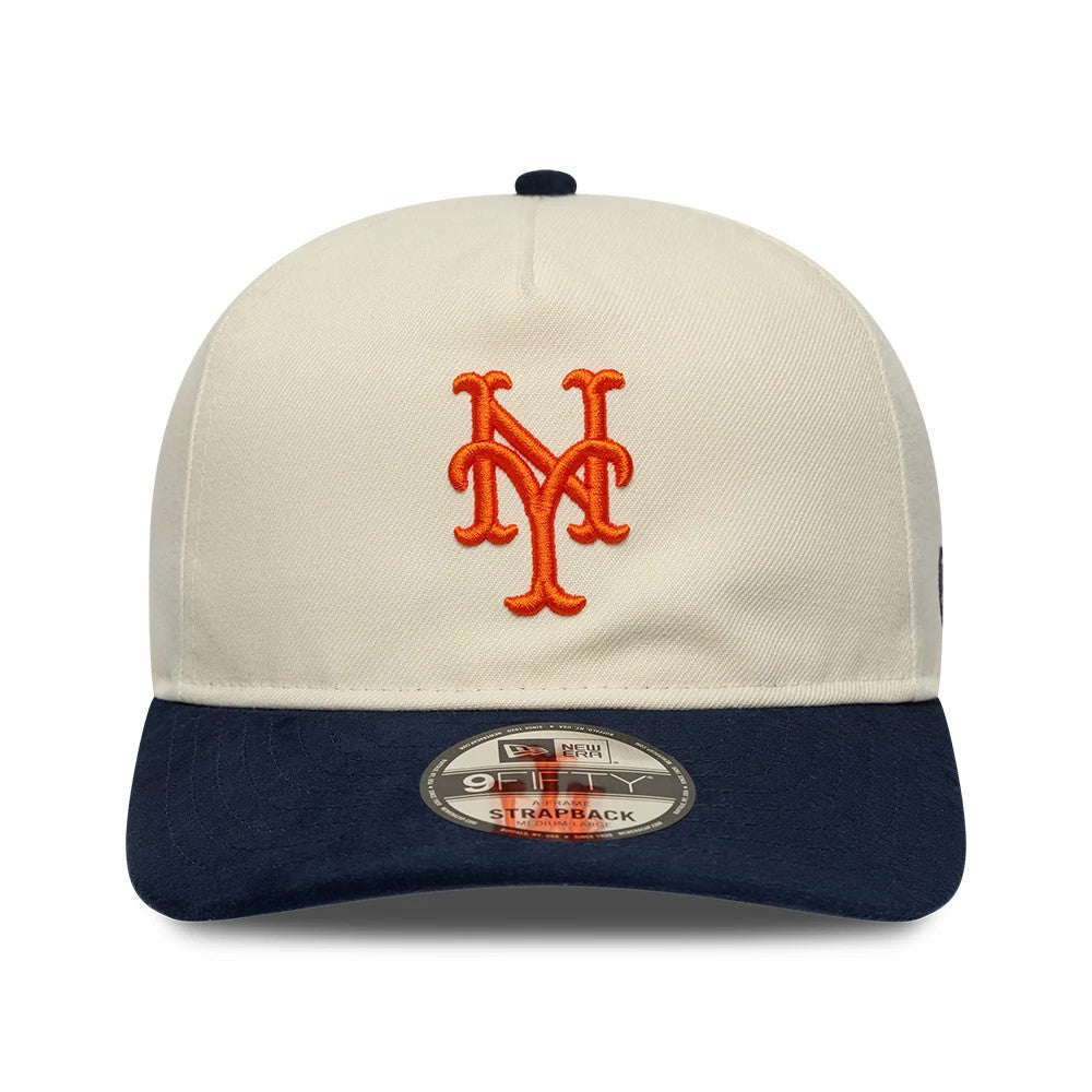 New York Mets MLB Suede Visor Cream New Era 9FIFTY A-Frame Adjustable Cap, front view showing the raised orange embroidered Mets logo on the cream front panel, with a dark blue suede visor and a 9FIFTY size sticker centrally placed.
