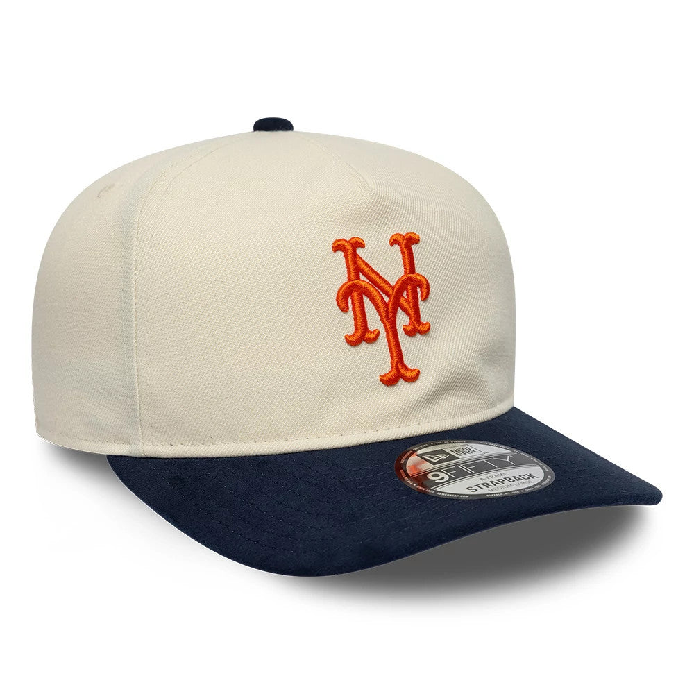 New York Mets MLB Suede Visor Cream New Era 9FIFTY A-Frame Adjustable Cap, three-quarter view showing the orange raised embroidery NY logo on the front panel, with a dark blue suede visor and a 9FIFTY size sticker on the top.