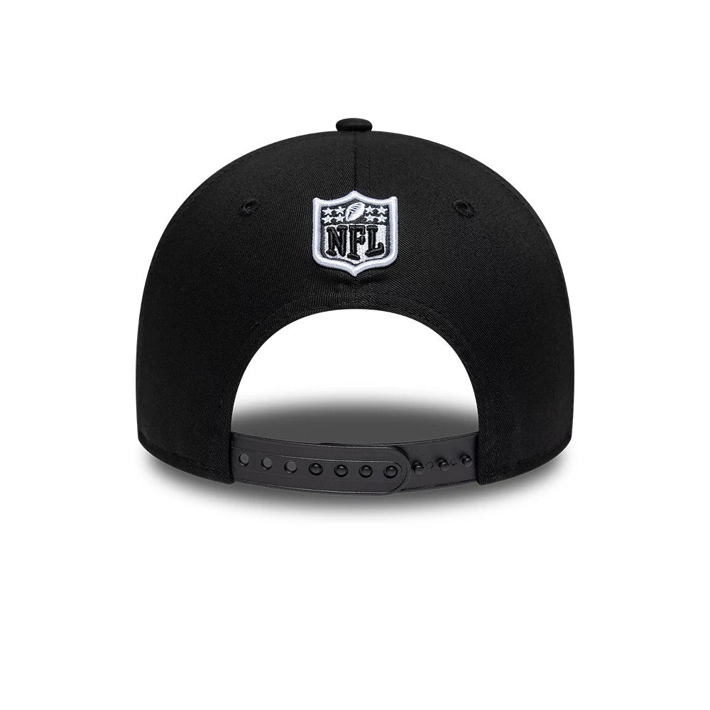 Las Vegas Raiders NFL Black New Era 9FORTY M-Crown Adjustable Cap, rear view showing the white embroidered NFL shield logo at the centre back, with a black adjustable strap and structured black crown featuring small eyelets for detail.