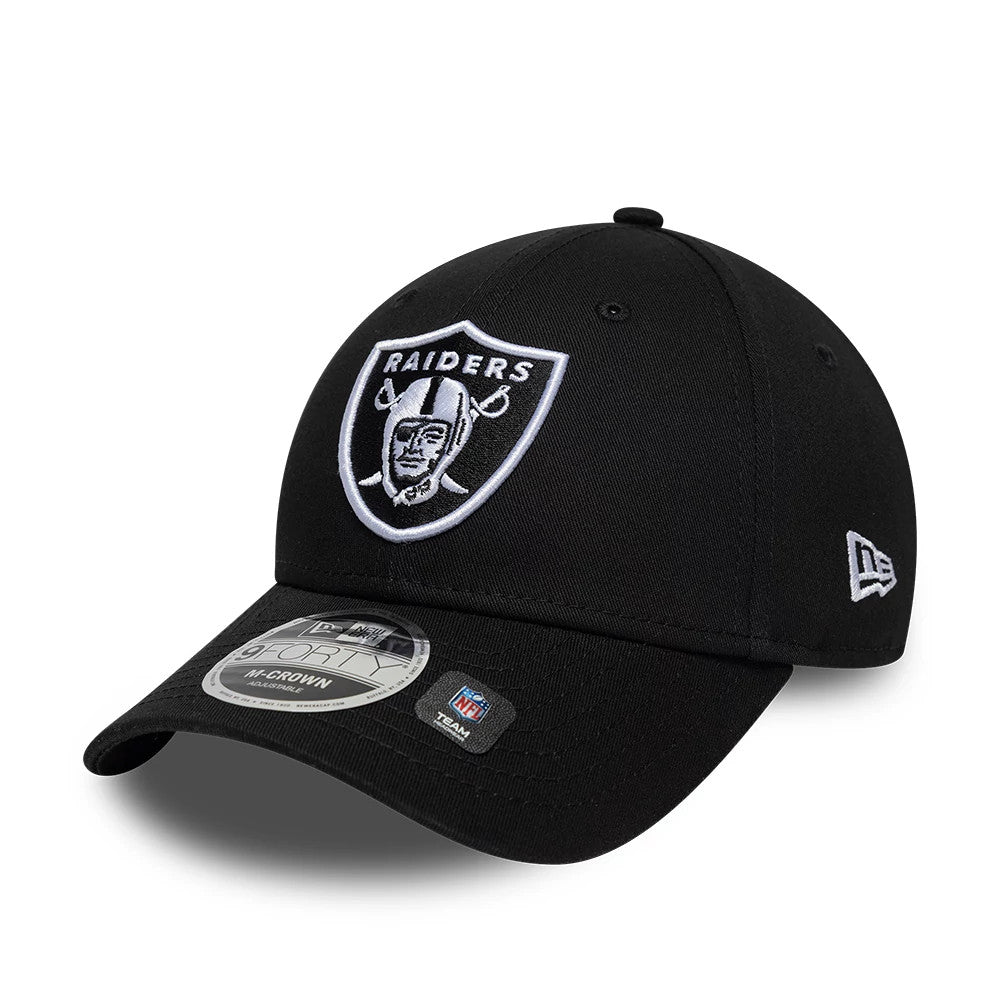 Las Vegas Raiders NFL Black New Era 9FORTY M-Crown Adjustable Cap, three-quarter view showing the raised embroidered Raiders logo on the front panel, black curved visor with 9FORTY size sticker, and New Era flag logo on the left side.
