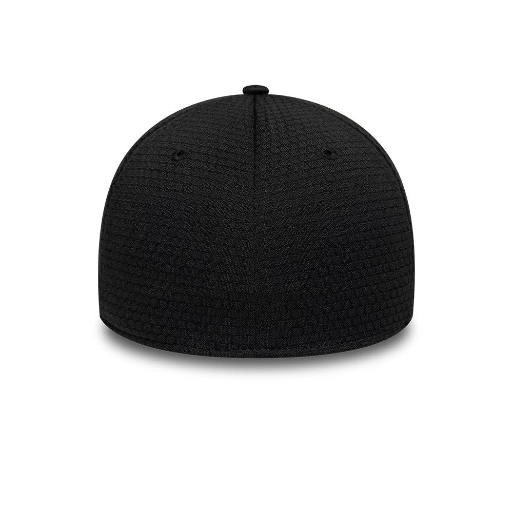 New Era Tech Black 39THIRTY Stretch Fit Cap, rear view showing the plain back panels of the flexible black crown, enhanced with two embroidered eyelets on each side and a central fabric-covered top button.