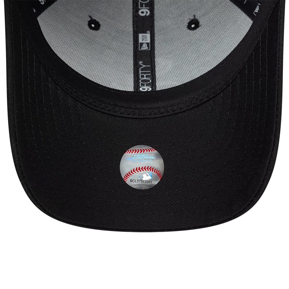 Chicago White Sox MLB Black New Era 9FORTY M-Crown Adjustable Cap, inside view showing the grey undervisor with a baseball graphic sticker, black 9FORTY taping, and a contrasting grey sweatband on the structured crown.