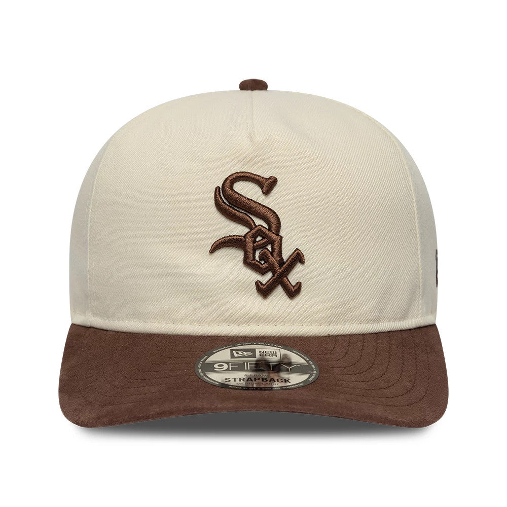 Chicago White Sox MLB Suede Visor Cream New Era 9FIFTY A-Frame Adjustable Cap, front view showing the raised brown embroidered logo on the cream front panel, complemented by a brown suede visor with a 9FIFTY size sticker on top.