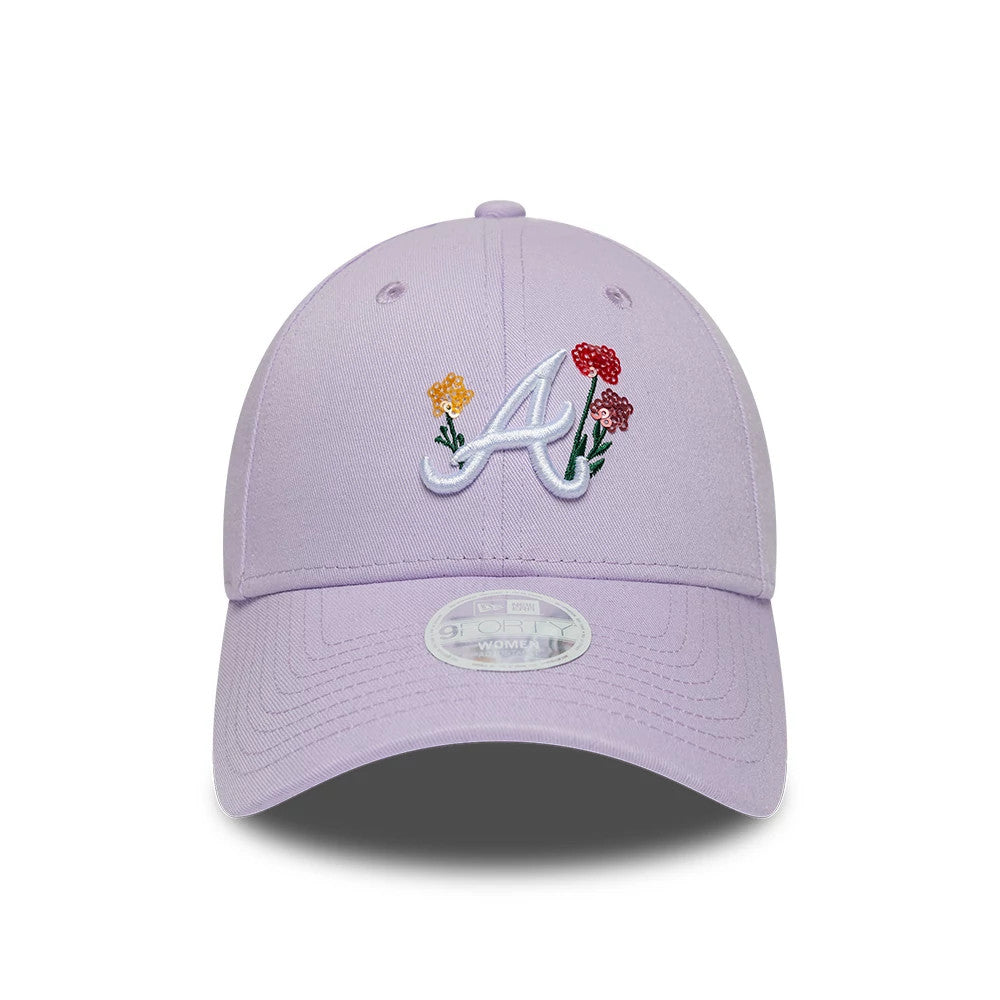 Atlanta Braves Womens MLB Floral Icon Pastel Purple New Era 9FORTY Adjustable Cap, front view showing a white embroidered A logo with yellow and red flowers on the crown, curved pastel purple visor, and a 9FORTY size sticker on the front visor.