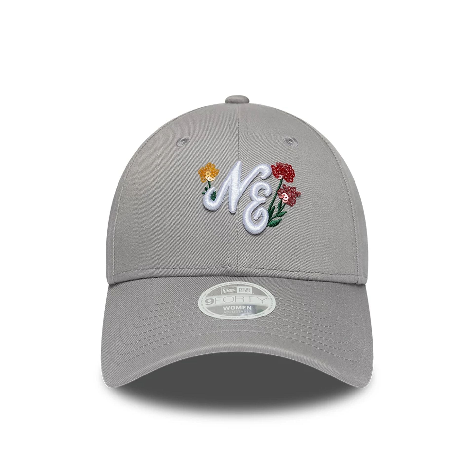 Pictured is this Womens New Era Floral Icon 9FORTY cap in grey. 2