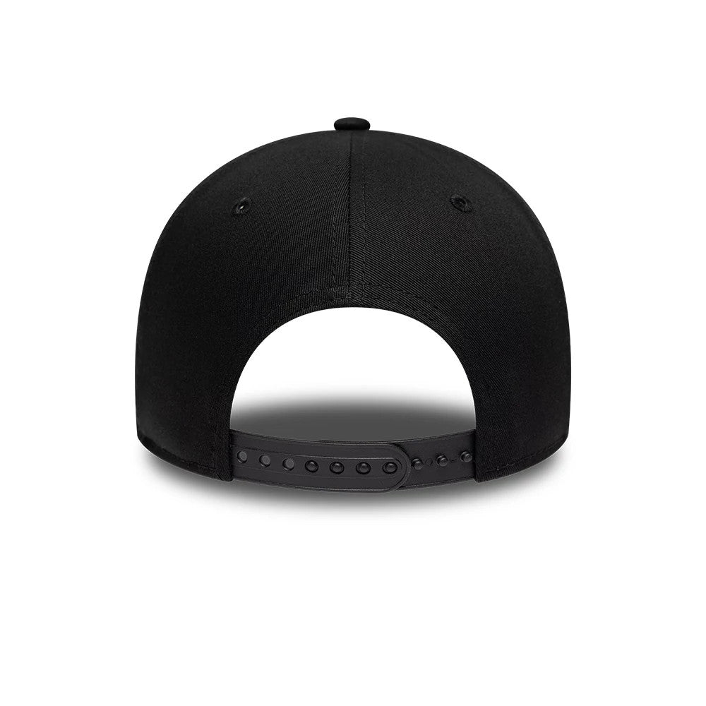 New Era Heritage Connect Black 9FORTY M-Crown Adjustable Cap, rear view showing a plain black structured crown, matching top button, and an adjustable black strap with plastic snap closure at the bottom edge of the panels.