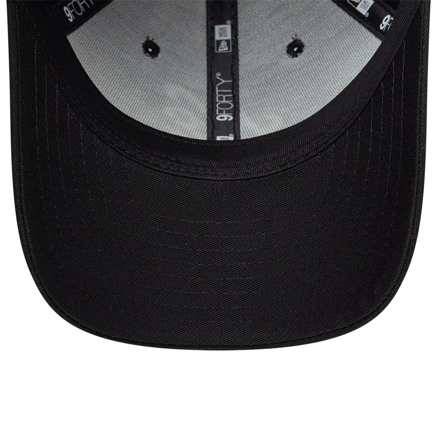 New Era Heritage Connect Black 9FORTY M-Crown Adjustable Cap, inside view showing the grey undervisor contrasted with the black sweatband, with 9FORTY branding on the taping and eyelets on the inner crown.