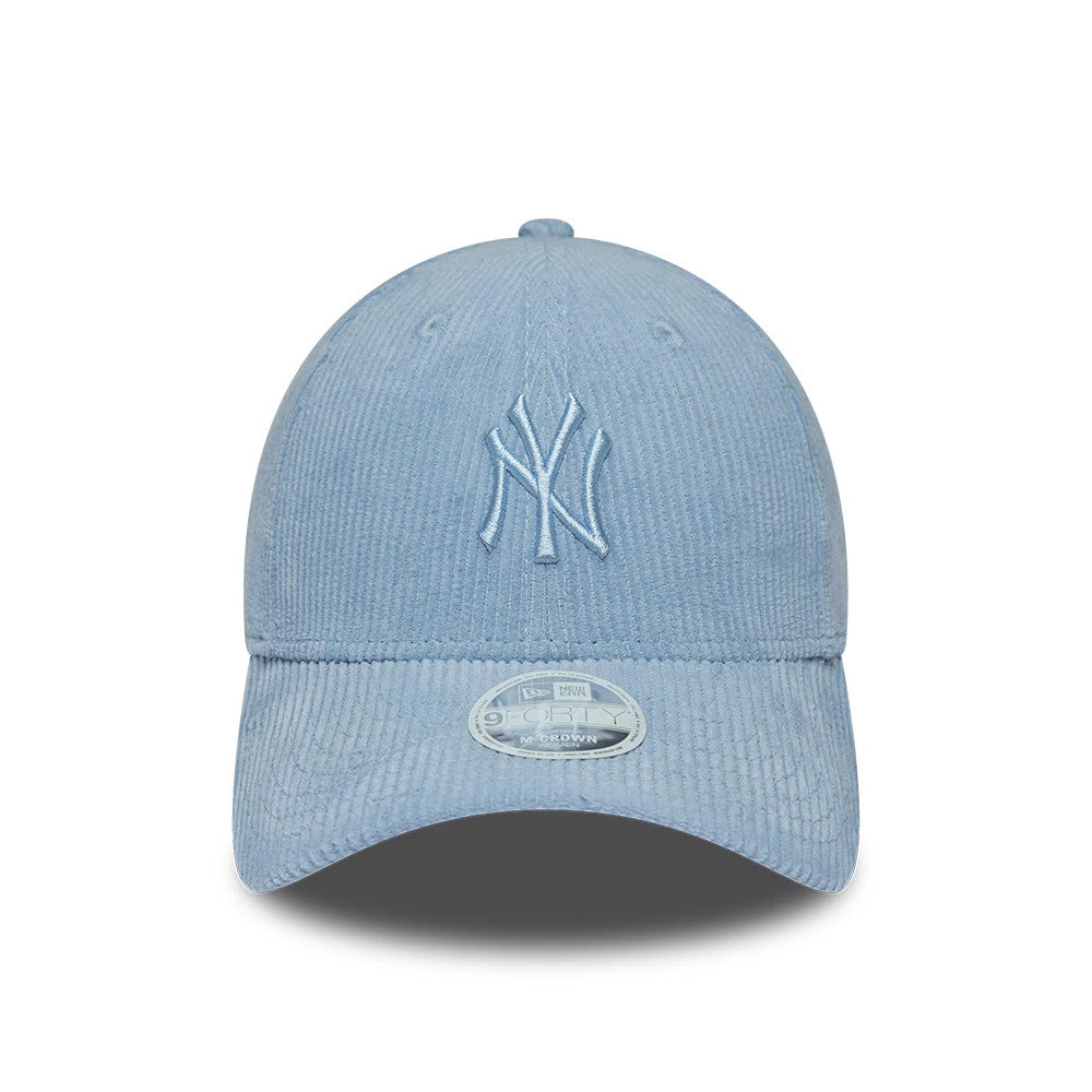 New York Yankees Womens MLB Pastel Cord Blue New Era 9FORTY M-Crown Adjustable Cap, front view showing a light blue NY logo in raised embroidery on the corduroy crown, with a 9FORTY size sticker placed on the curved visor.