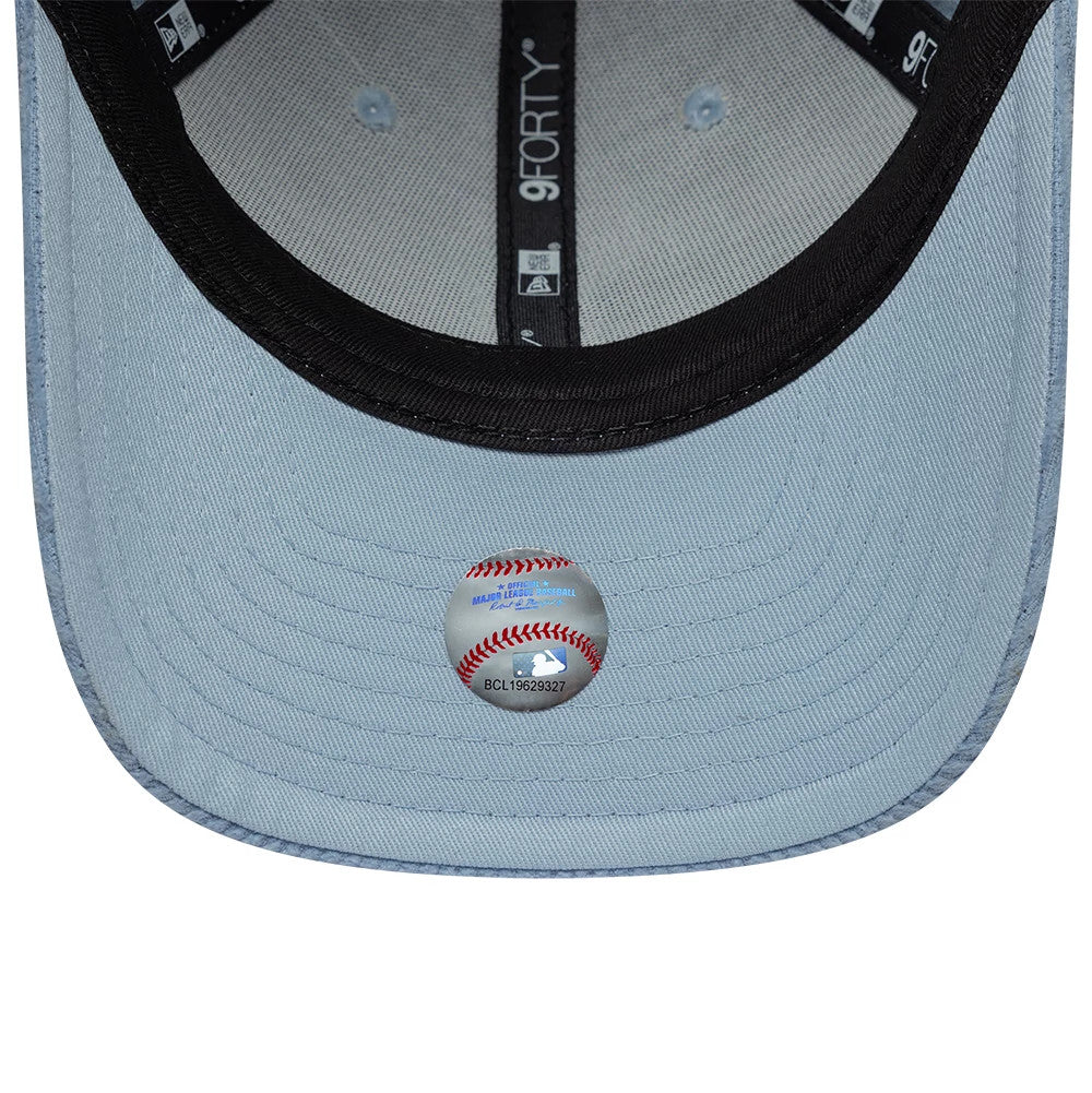 New York Yankees Womens MLB Pastel Cord Blue New Era 9FORTY M-Crown Adjustable Cap, inside view showing the light blue undervisor with a baseball-themed sticker, black sweatband with white New Era taping, and grey interior panels.
