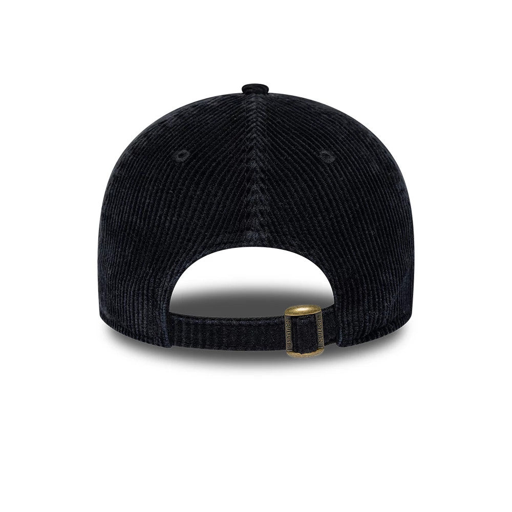 New Era Washed Cord Black 9TWENTY Adjustable Cap, rear view showing the soft black corduroy texture with a gold buckle on the adjustable strap at the back and centred eyelets on each panel for added design detail.