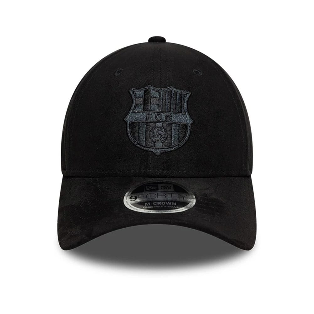 Pictured is this FC Barcelona Faux Suede 9FORTY M-Crown cap in black. 2