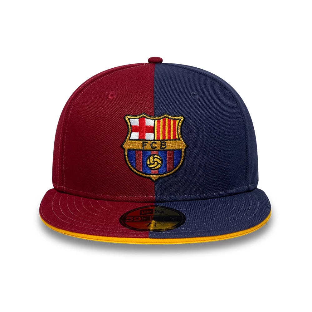 FC Barcelona Dark Red New Era 59FIFTY Fitted Cap, front view showing the embroidered FCB crest on the centre front panel, with a split red and navy colour scheme, and a gold 59FIFTY size sticker on the flat visor.