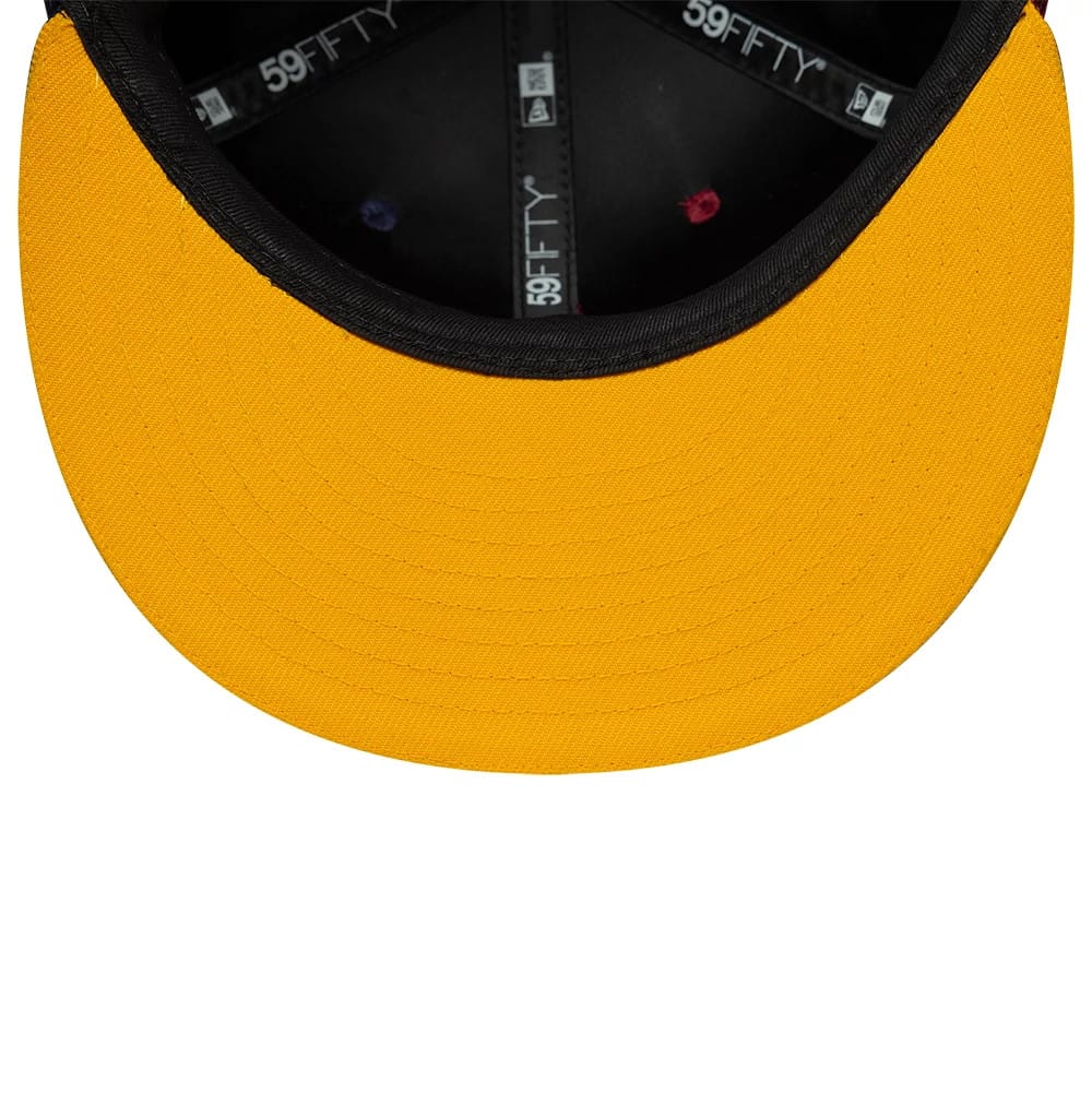FC Barcelona Dark Red New Era 59FIFTY Fitted Cap, inside view showing the black sweatband, yellow undervisor, and New Era 59FIFTY taping around the interior, with a clear look at the cap's construction and design elements.