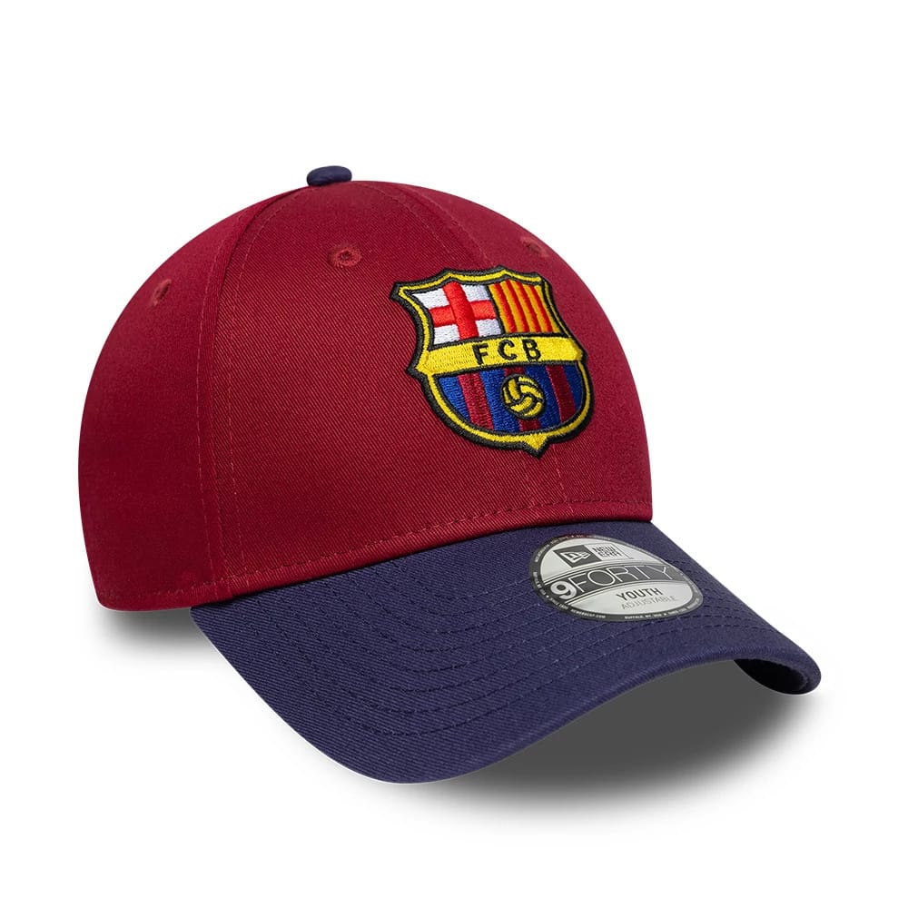 Youth FC Barcelona Contrast Dark Red New Era 9FORTY Adjustable Cap, front view showing the raised embroidered FC Barcelona crest on the structured dark red crown, a navy curved visor below, and a 9FORTY size sticker on top.