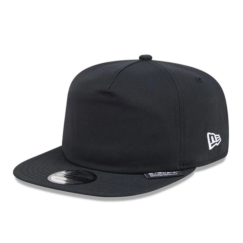 New Era Recycled Twill Black 19TWENTY Adjustable Cap, three-quarter view showing the white New Era flag logo embroidered on the left side, a flat black visor, and the black 19TWENTY size sticker on the visor.