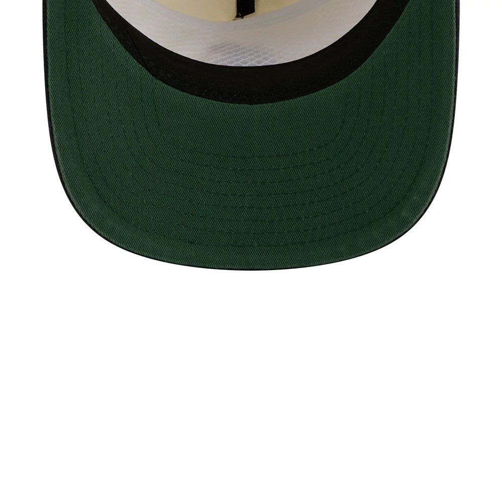 New Era Daisies Cream 19TWENTY Adjustable Cap, inside view showing a green undervisor with a taping design, a black sweatband lining the interior for comfort, and a close-up of the underside of the visor.