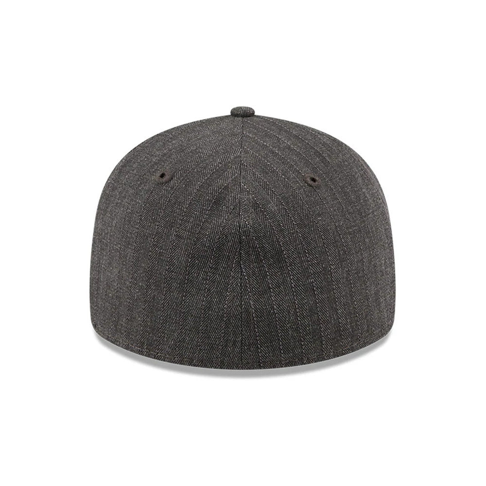 New Era Herringbone Charcoal Retro Crown 59FIFTY Fitted Cap, rear view showing the herringbone pattern on the charcoal fabric, with the brown embroidered eyelets and top button on the structured six-panel crown.