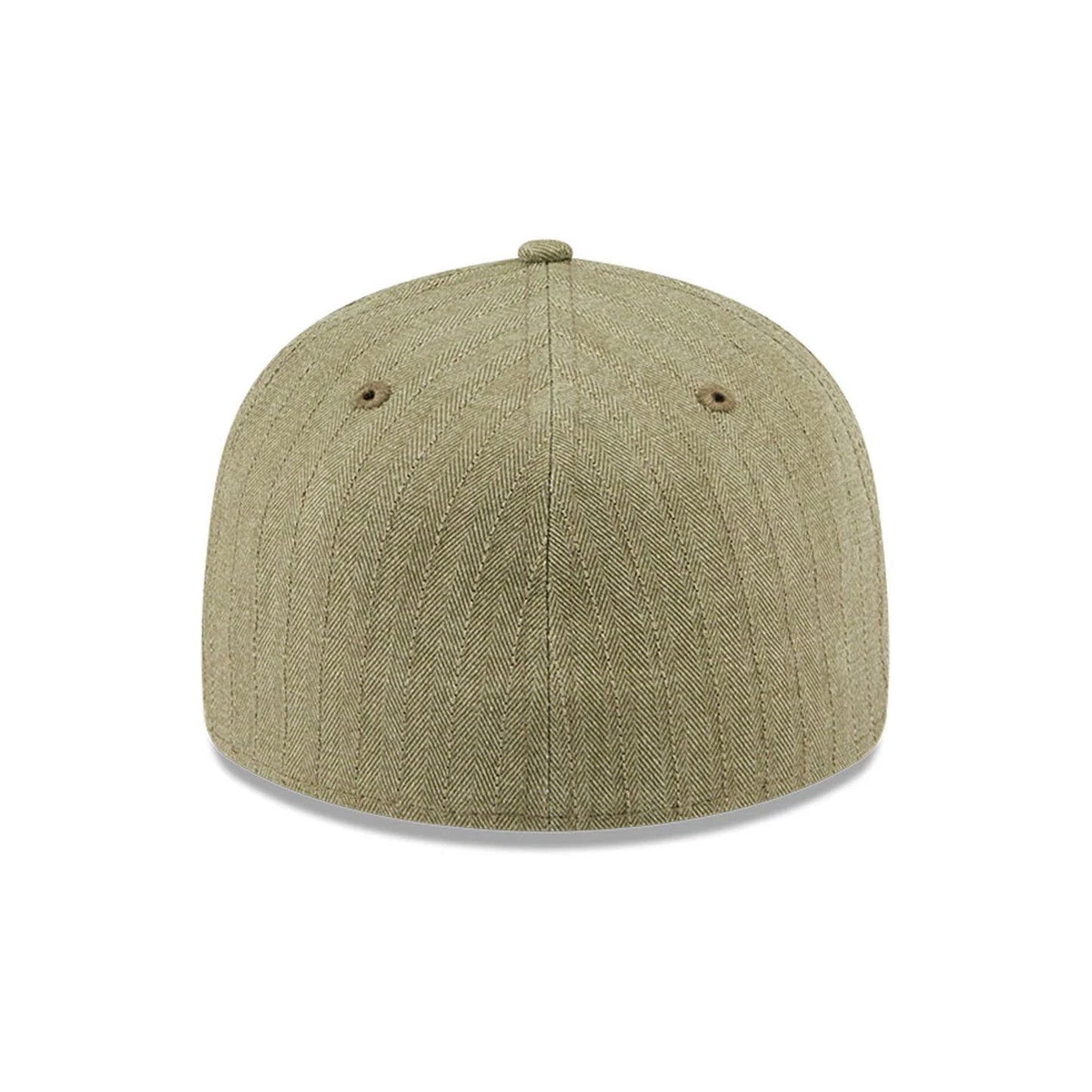New Era Herringbone Green Retro Crown 59FIFTY Fitted Cap, rear view showing the seamless herringbone pattern on the structured green crown, with two embroidered eyelets and a matching top button.