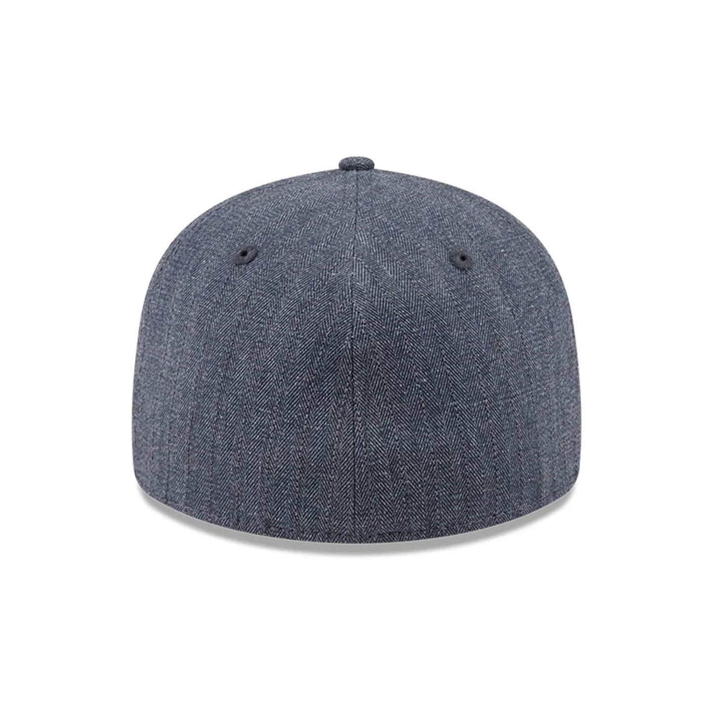 New Era Herringbone Navy Retro Crown 59FIFTY Fitted Cap, rear view showing the structured navy crown with a herringbone pattern, black embroidered eyelets, and no back logo, creating a and minimalist design.