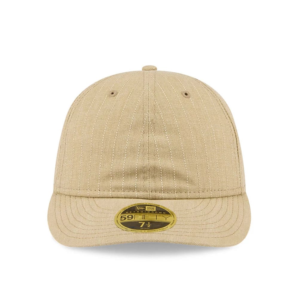 New Era Herringbone Beige Retro Crown 59FIFTY Fitted Cap, front view showing the fine herringbone pattern on the structured beige crown, paired with a matching curved visor and a centrally placed gold 59FIFTY size sticker.