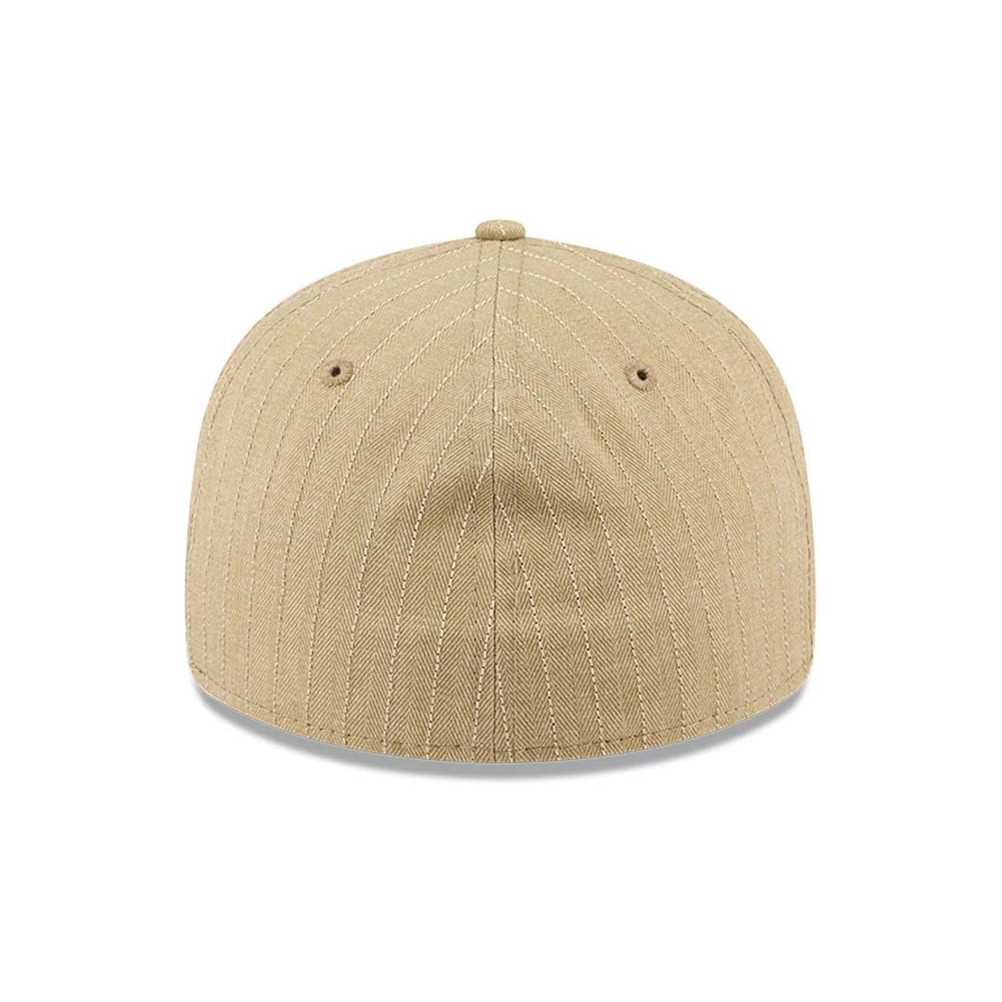 New Era Herringbone Beige Retro Crown 59FIFTY Fitted Cap, rear view showing a seamless design in herringbone pattern, with a structured crown and beige top button, featuring matching embroidered eyelets on the back panels.