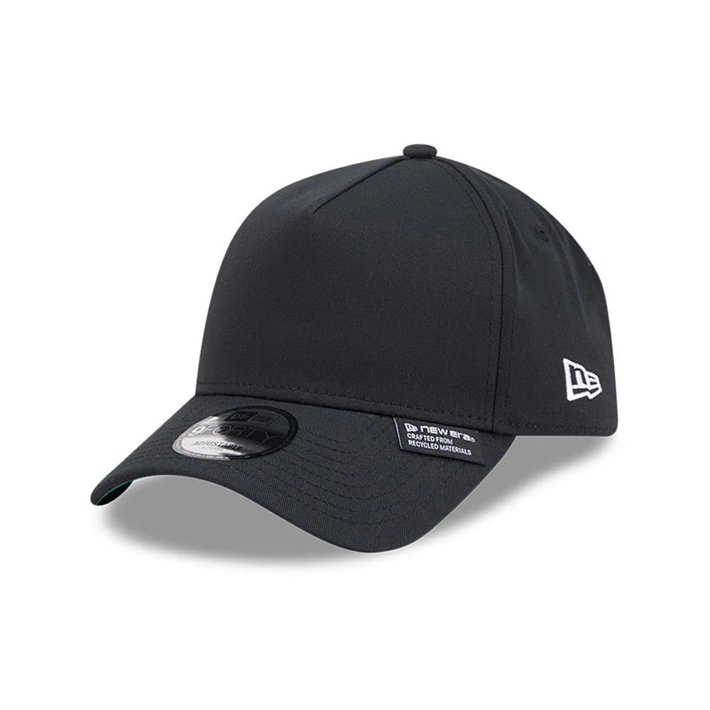 Pictured is this New Era Recycled Twill 9FORTY A-Frame cap in black. 1