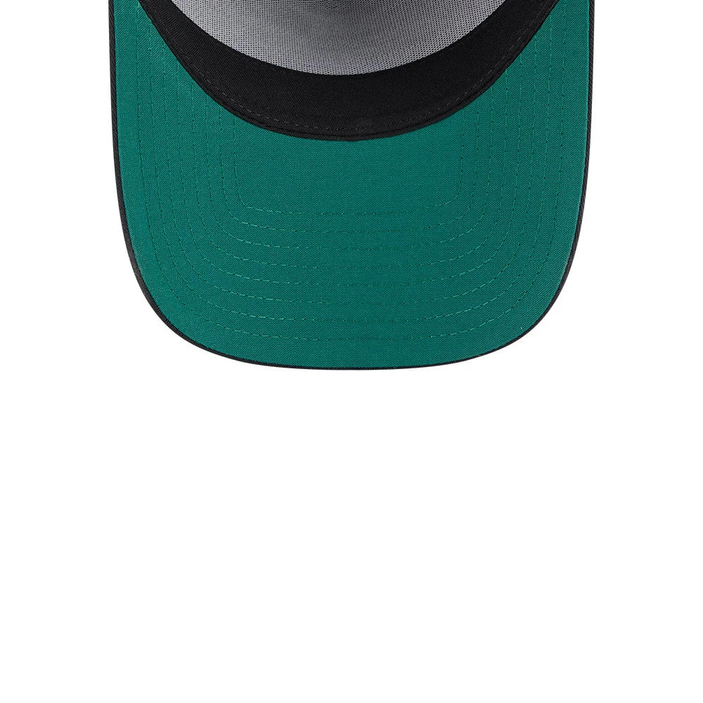 New Era Recycled Twill Black 9FORTY A-Frame Adjustable Cap, inside view showing the black sweatband, dark green undervisor with detailed stitching, and grey taping across the inside crown.