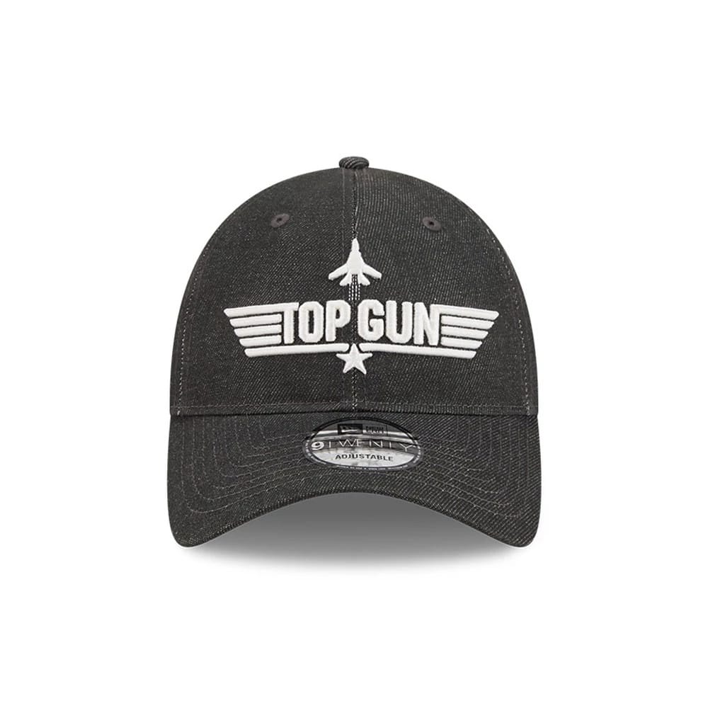 Top Gun Black New Era 9TWENTY Adjustable Cap, front view showing the white embroidered Top Gun logo with a fighter jet design on the structured black crown, featuring a curved black visor and a 9TWENTY size sticker on the front panel.