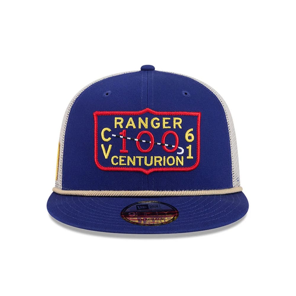 Top Gun Dark Blue New Era 9FIFTY Trucker Adjustable Cap, front view showing the embroidered Ranger C 100 6 V CENTURION patch in yellow and red on the front panel, with a dark blue flat visor and a 9FIFTY size sticker.