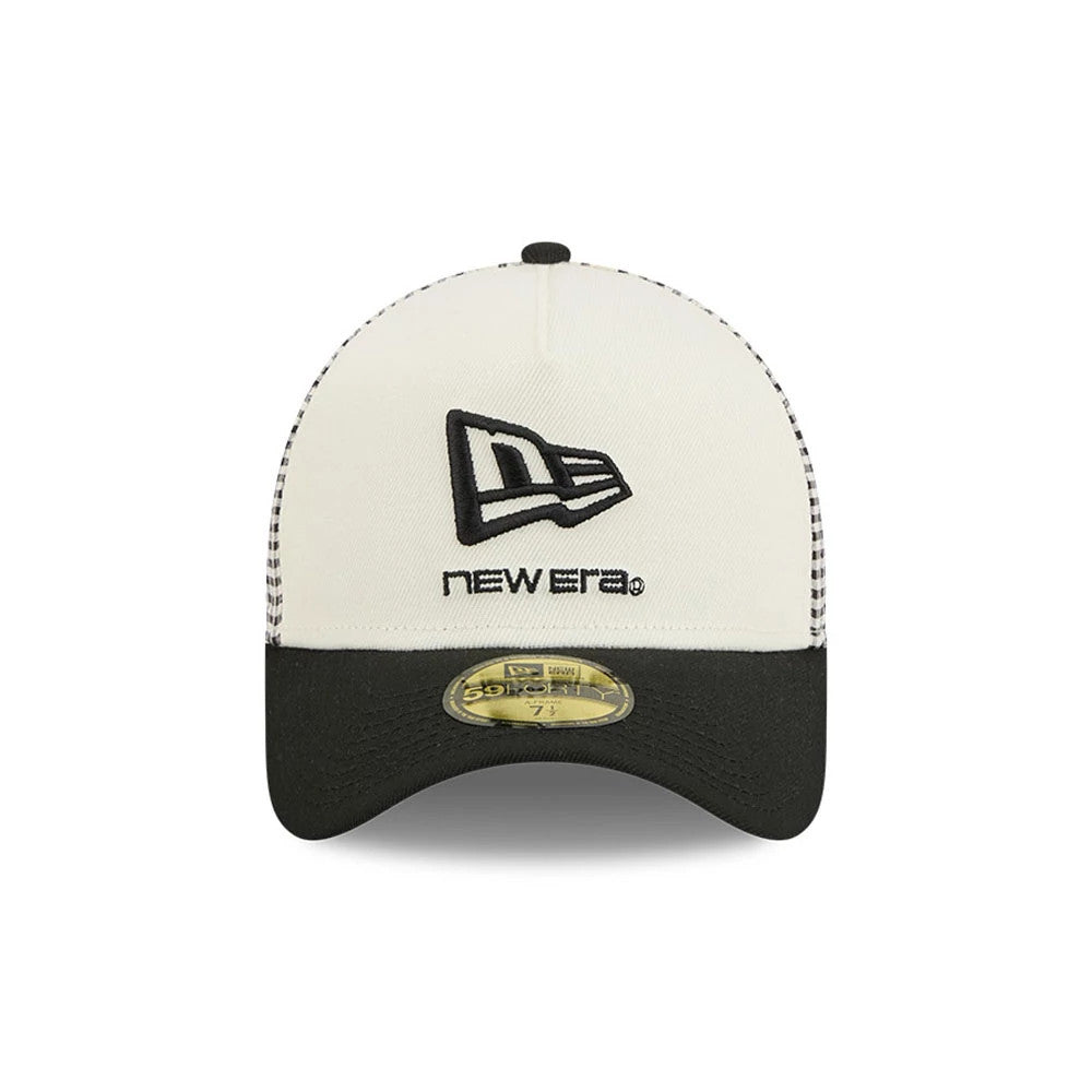 New Era Flag Cream New Era 59FORTY A-Frame Fitted Cap, front view showing a black embroidered New Era flag logo and text on the cream front panel, with a black curved visor featuring a gold 59FORTY size sticker at the centre.