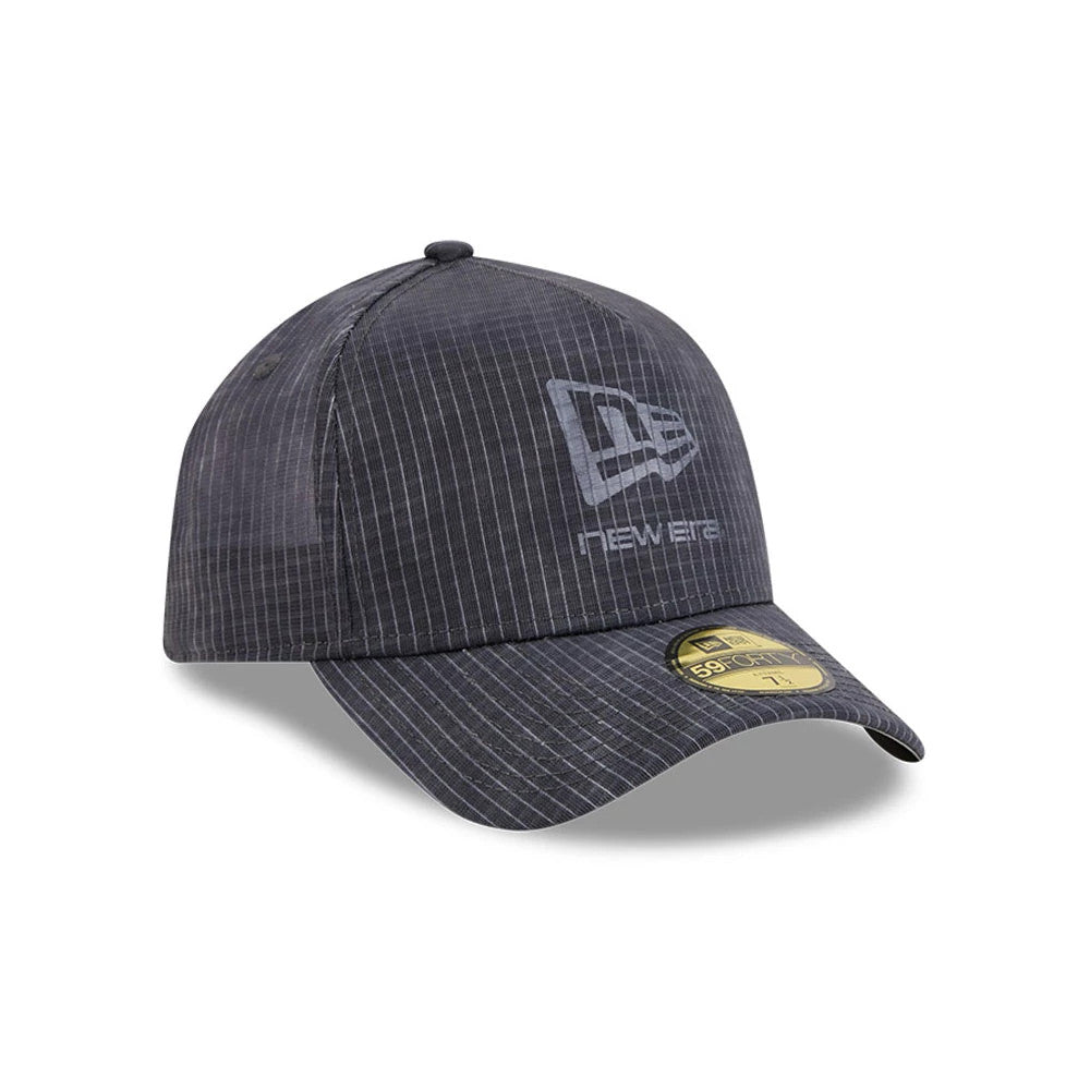 New Era Check Dark Grey New Era 59FORTY A-Frame Fitted Cap, three-quarter view showing the embroidered white New Era flag logo on the front panel, paired with a curved dark grey visor featuring a gold 59FORTY size sticker.