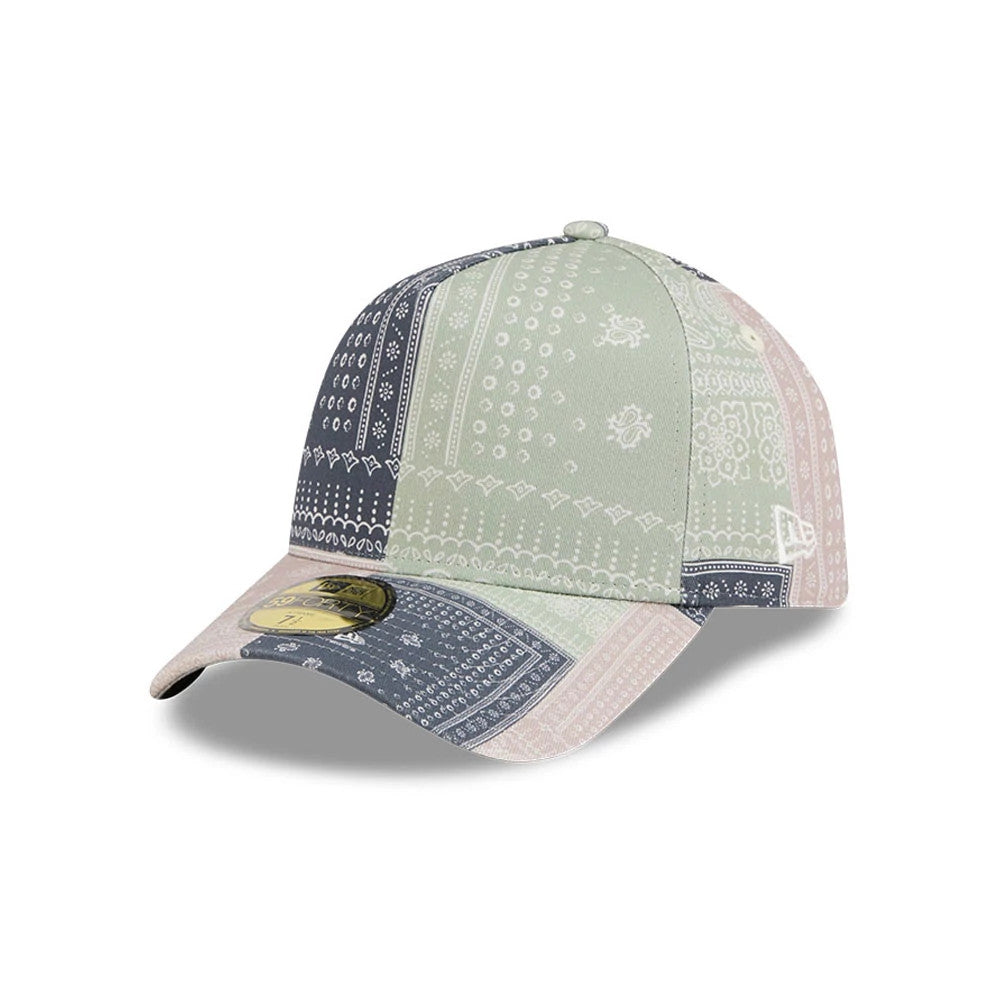 New Era Patchwork Bandana Multi 59FORTY A-Frame Fitted Cap, three-quarter view showing a multicoloured bandana patchwork design on the structured crown with a matching curved visor, featuring a gold 59FORTY size sticker on the visor's left side.