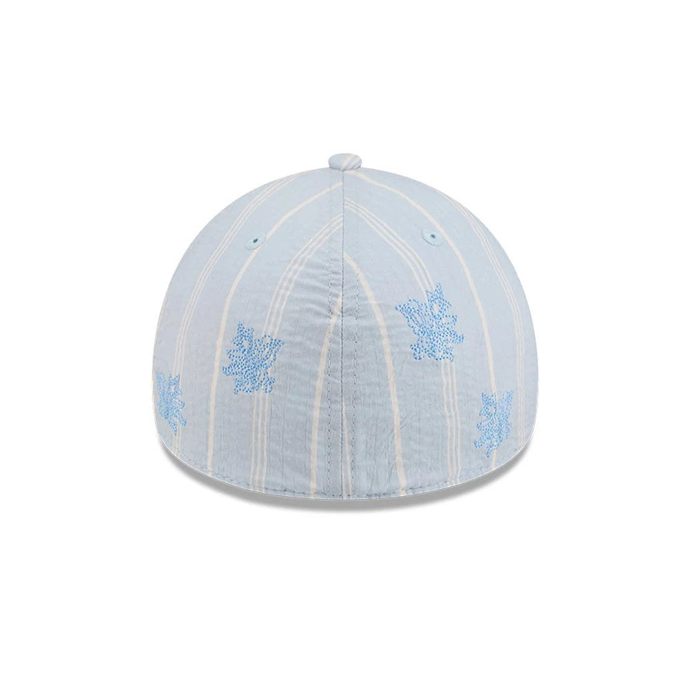 New Era Seersucker Pastel Blue 59FORTY A-Frame Fitted Cap, rear view showing embroidered blue leaf motifs scattered across the light blue striped panels, with a single top button and matching embroidered eyelets on the crown.
