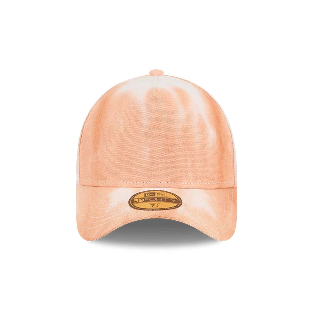 New Era Tie Dye Open Orange New Era 59FORTY A-Frame Fitted Cap, front view showing a soft orange tie-dye pattern on the structured crown with a rounded top button, curved visor, and 59FORTY size sticker at the centre of the visor.