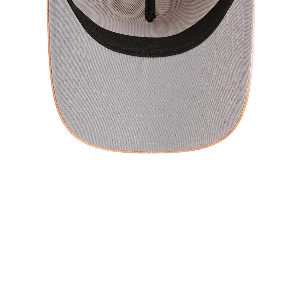 New Era Tie Dye Open Orange 59FORTY A-Frame Fitted Cap, inside view showing the grey undervisor with black sweatband, orange edge stitching, and black taping along the seam, highlighting the structured design.