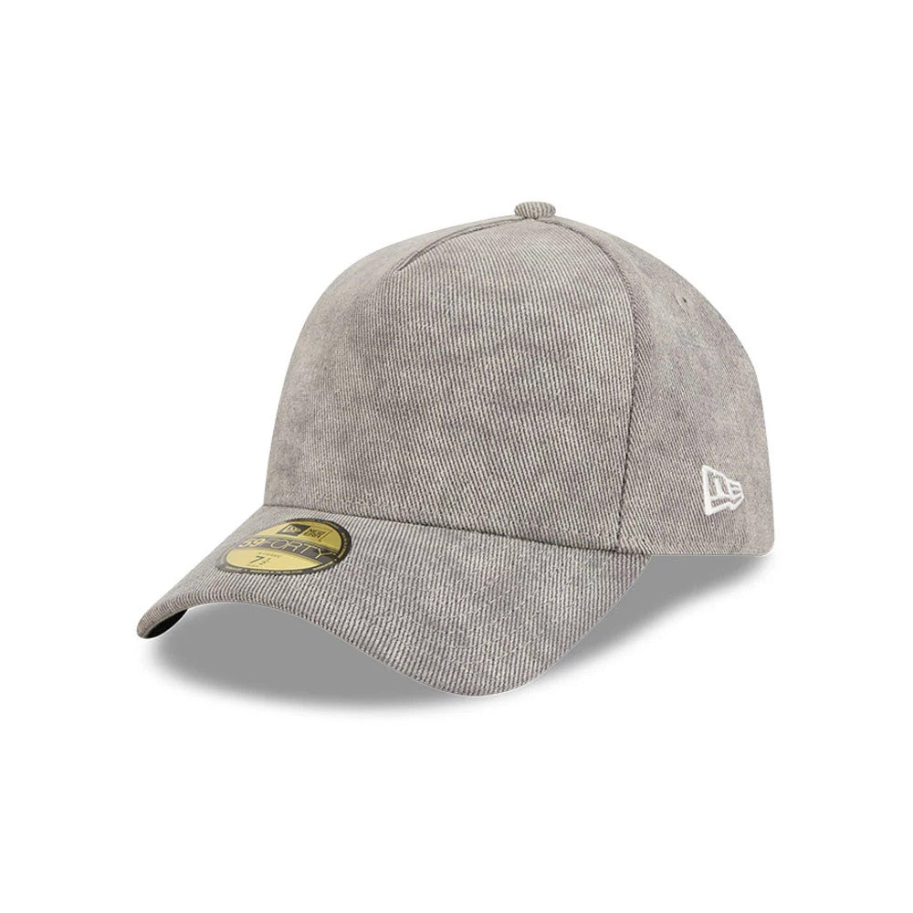 New Era Open Grey 59FORTY A-Frame Fitted Cap, three-quarter view showing the New Era flag logo embroidered in white on the left side, with a textured grey crown, matching curved visor, and gold 59FORTY size sticker on the visor.