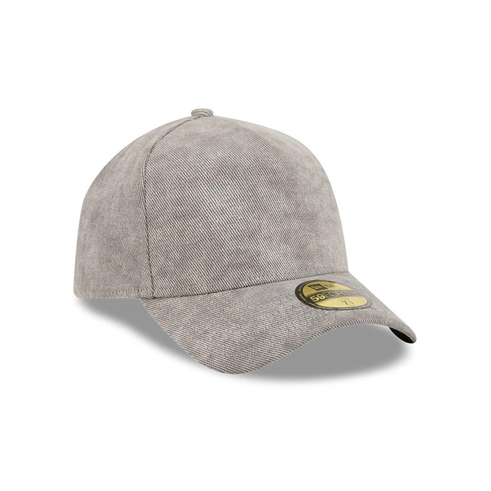 New Era Open Grey 59FORTY A-Frame Fitted Cap, three-quarter view showing a textured grey fabric with diagonal lines, a curved visor featuring a gold 59FORTY size sticker, and a round top button.